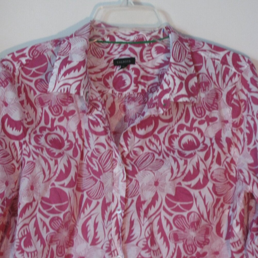 Talbots Button Up Shirt Large Pink & White Flowers Floral Long Sleeve Exc - Picture 2 of 4